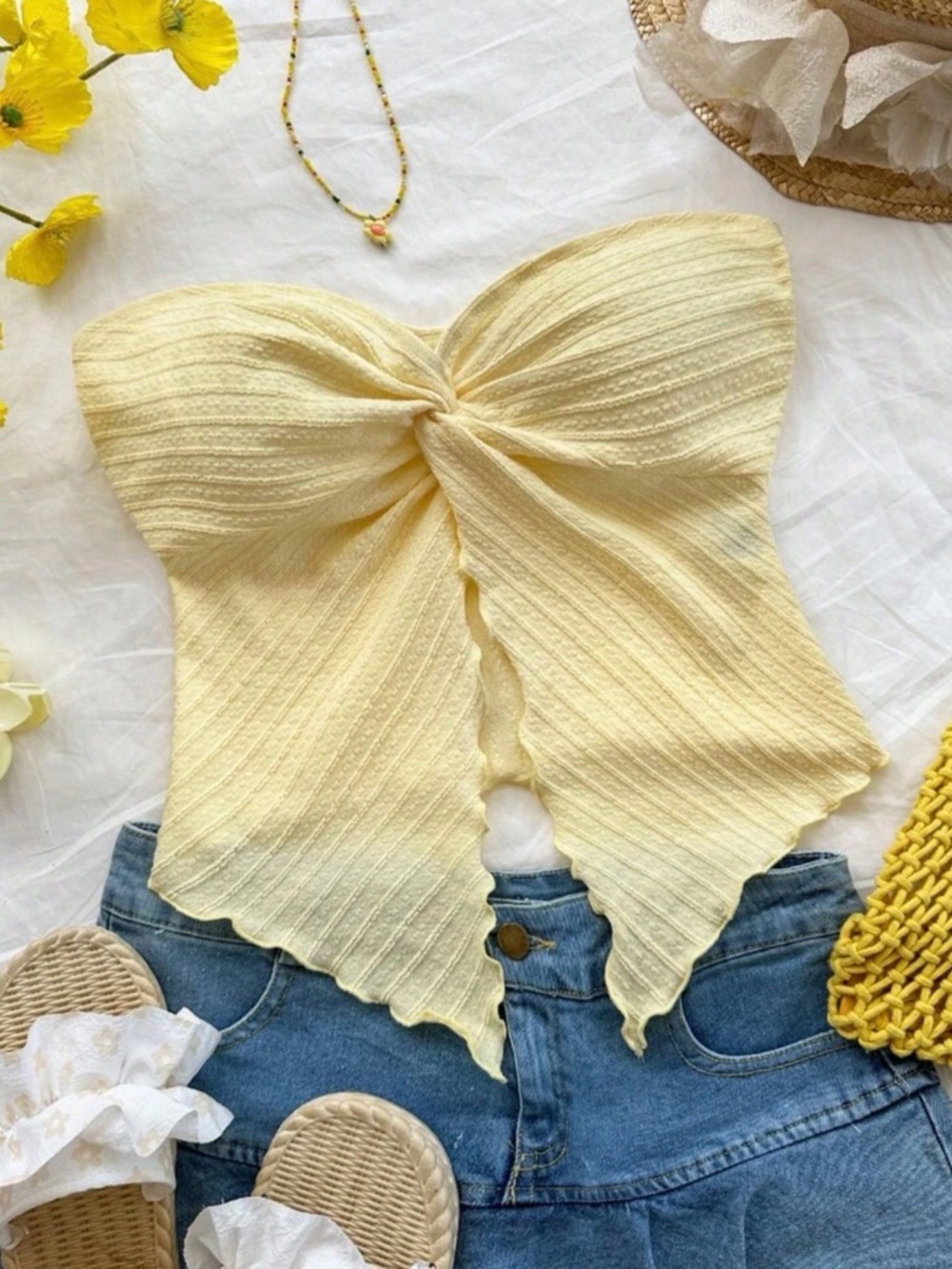 Strapless Twisted Front Yellow Knit Tube Top